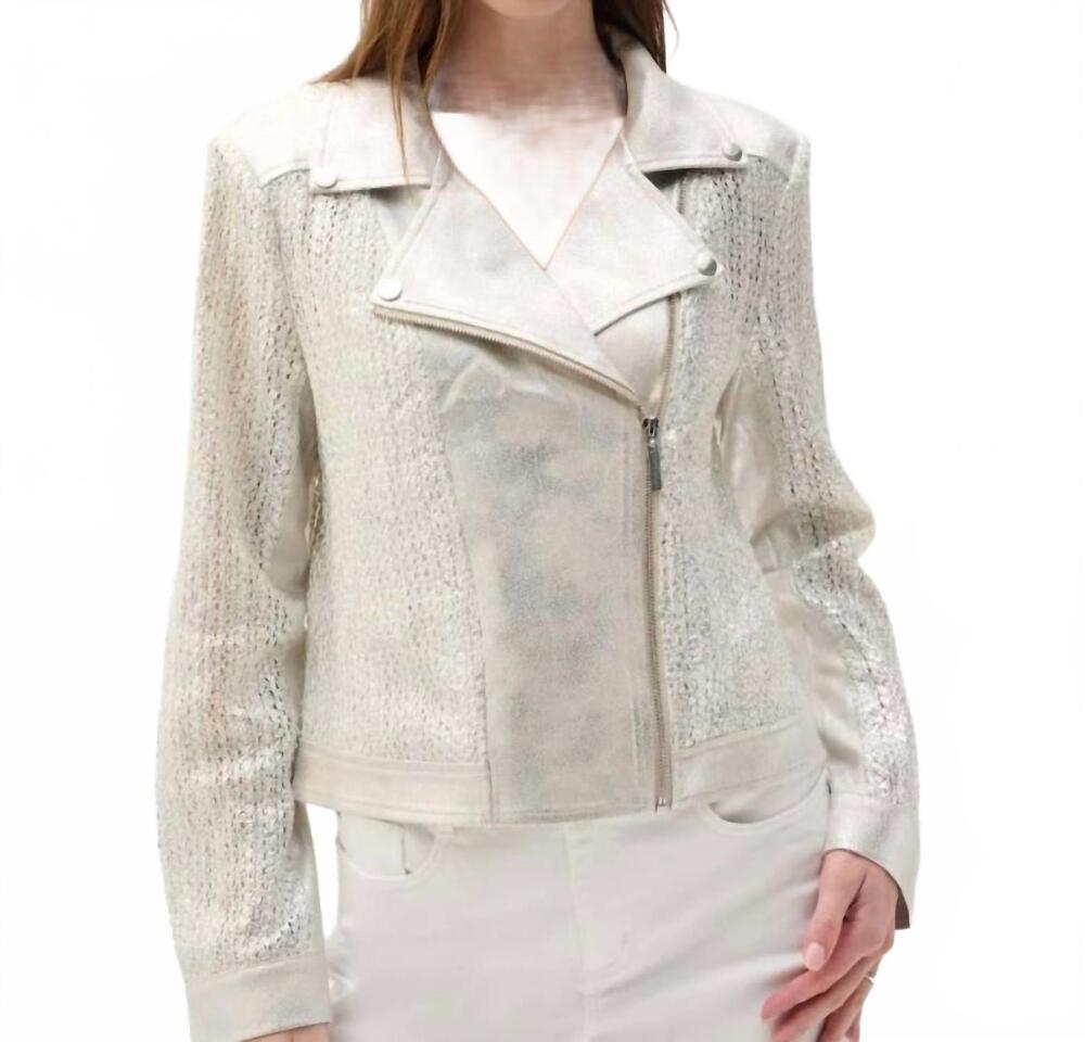 NEW JOSEPH RIBKOFF foiled faux suede moto jacket in champagne